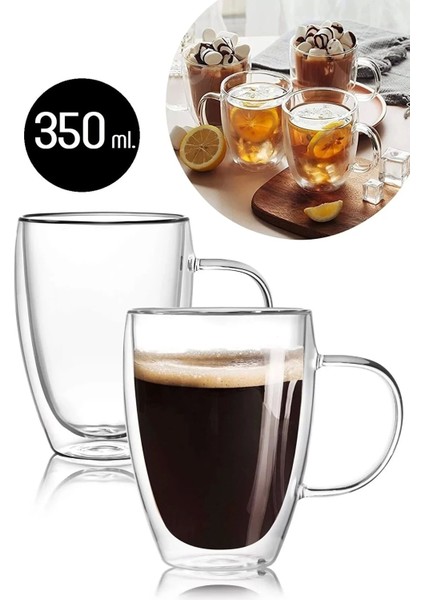 6'lı Çift Cidarlı Kupa Bardak 350 ml Ofis Ev Espresso Kahve Çay Fincanı Borosilikat Kulplu Bardak