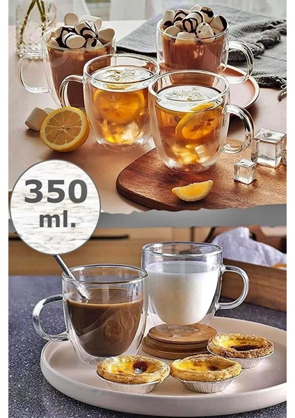 6'lı Çift Cidarlı Kupa Bardak 350 ml Ofis Ev Espresso Kahve Çay Fincanı Borosilikat Kulplu Bardak