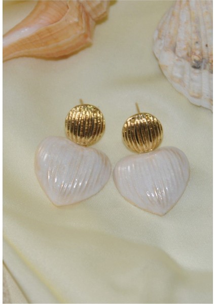 Kalp Midye Gold Metal Krem Küpe fiyatları