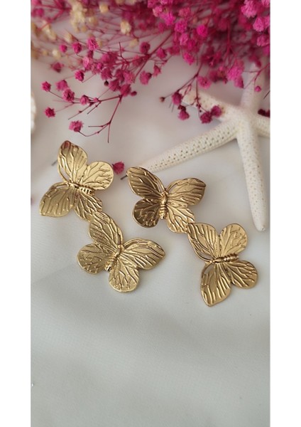 Ikili Büyük Kelebek Metal Gold Küpe