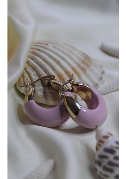 Mineli Tam Halka Metal Gold Pembe Küpe