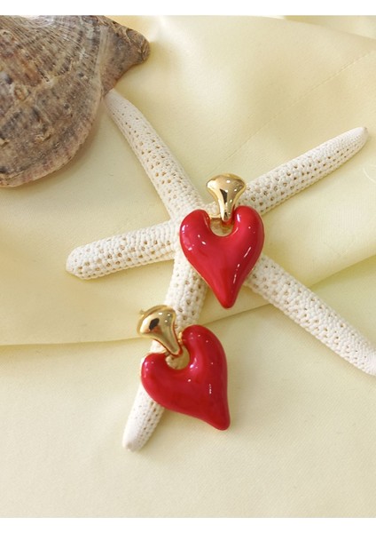 Kalp Damla Metal Gold Kırmızı Küpe