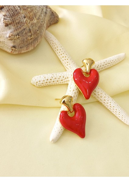 Kalp Damla Metal Gold Kırmızı Küpe modelleri