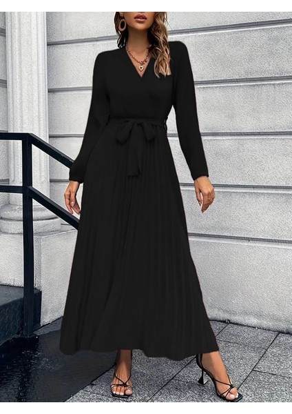 Kadın Uzun Kollu Kruvaze Yaka Belden Kuşaklı Pileli Ithal Krep Elbise