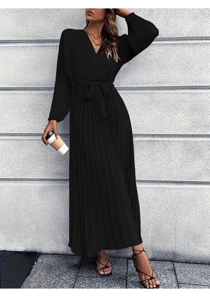 Kadın Uzun Kollu Kruvaze Yaka Belden Kuşaklı Pileli Ithal Krep Elbise fiyatları