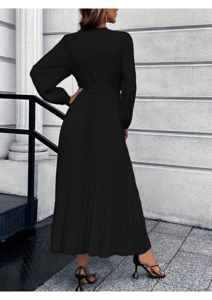 Kadın Uzun Kollu Kruvaze Yaka Belden Kuşaklı Pileli Ithal Krep Elbise modelleri
