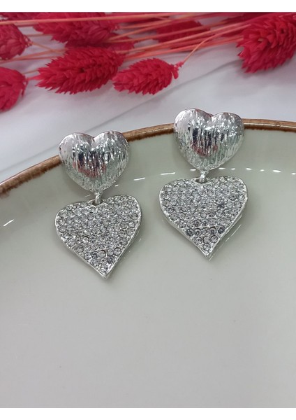 Ikili Zirkon Kalp Metal Silver Küpe