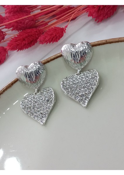 Ikili Zirkon Kalp Metal Silver Küpe fiyatları