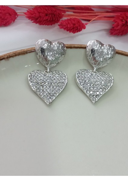Ikili Zirkon Kalp Metal Silver Küpe modelleri