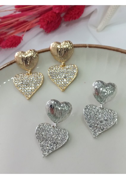 Ikili Zirkon Kalp Metal Silver Küpe fırsatları