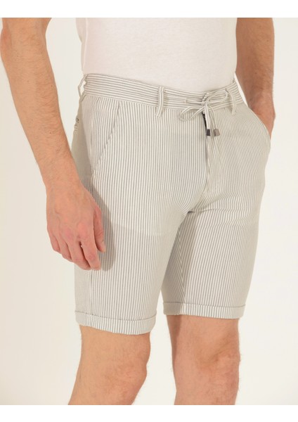 Erkek Gri Slim Fit Beli Lastikli Çizgili Bağcıklı Bermuda Şort 50264862-VR025