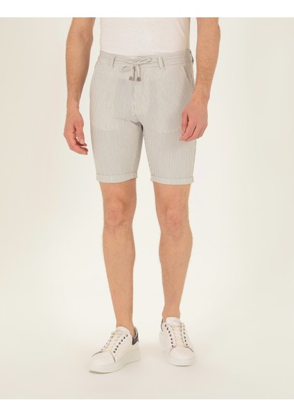 Erkek Gri Slim Fit Beli Lastikli Çizgili Bağcıklı Bermuda Şort 50264862-VR025
