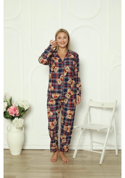 Oyuncak Ayı Desenli Kare Düğmeli Kadın Pijama Takımı