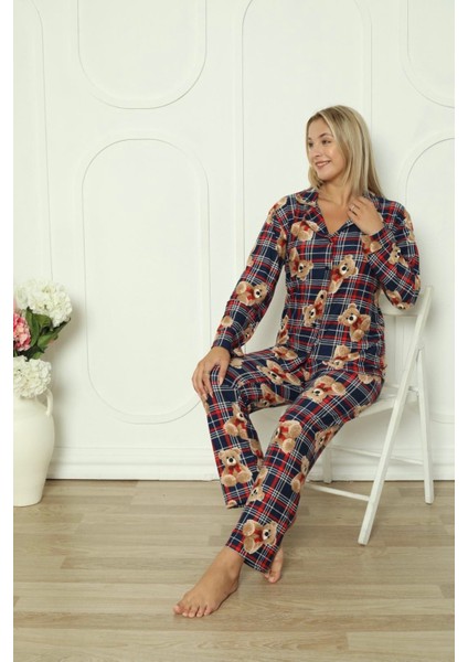 Oyuncak Ayı Desenli Kare Düğmeli Kadın Pijama Takımı fırsatları