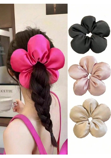 Kadın Saten Fuşya Çiçek Flower Scrunchie Lastikli Toka