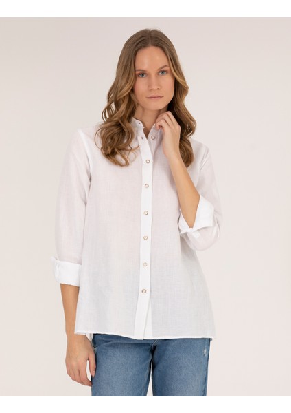 Kadın Beyaz Keten Karışımlı Gömlek 50262568-VR013