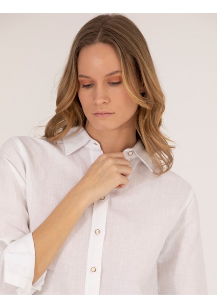 Kadın Beyaz Keten Karışımlı Gömlek 50262568-VR013 fiyatları