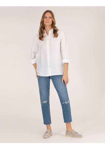 Kadın Beyaz Keten Karışımlı Gömlek 50262568-VR013 fırsatları
