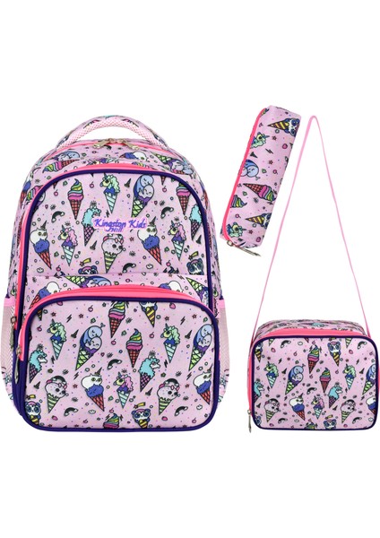 Lisanslı Dondurma Desen Ilkokul Çantası 3 Lü Set (Çanta + Termal Beslenme + Kalemlik)