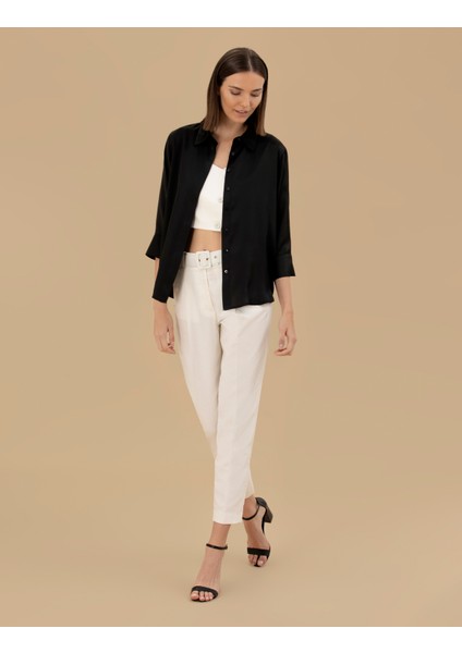 Kadın Siyah Comfort Fit Saten Gömlek 50262890-VR046