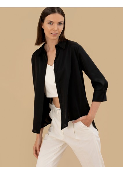Kadın Siyah Comfort Fit Saten Gömlek 50262890-VR046 fiyatları