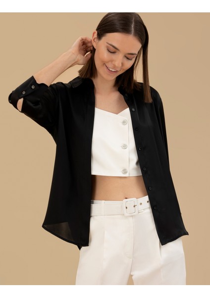 Kadın Siyah Comfort Fit Saten Gömlek 50262890-VR046 fırsatları