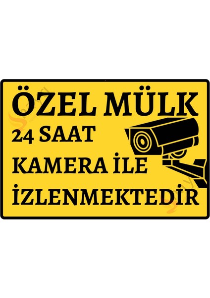 Özel Mülk - 24 Saat Kamera ile Izlenmektedir Alüminyum Uyarı Levhası - Sarı - 15CM x 22,5cm