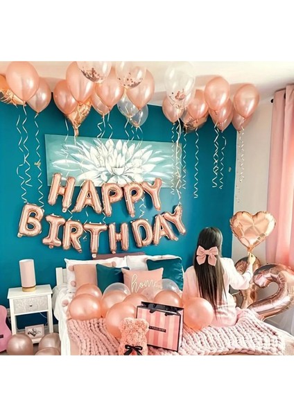 Rosegold Kalp Detaylı Happy Birthday Set Tasarım Doğum Günü Süsü Özel Günler Parti Kutlama Seti