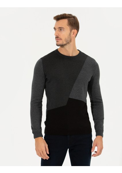 Erkek Gri Melanj Slim Fit Bisiklet Yaka Triko Kazak 50261154-VR086 fiyatları