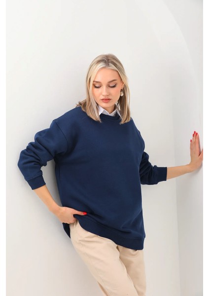 Lacivert Kadın Bisiklet Yaka Düz Oversize Sweatshirt Hoodie