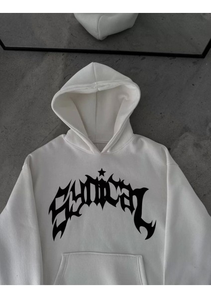 Kışlık Kapşonlu Baskılı Oversize Sweatshirt- Beyaz