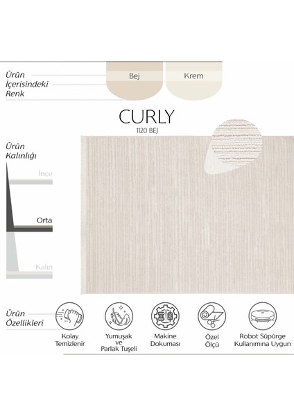 Curly 1120 Bej Halı Yolluk Bukle Salon Halısı Koridor Halısı Yumuşak Dokulu Mutfak Halısı