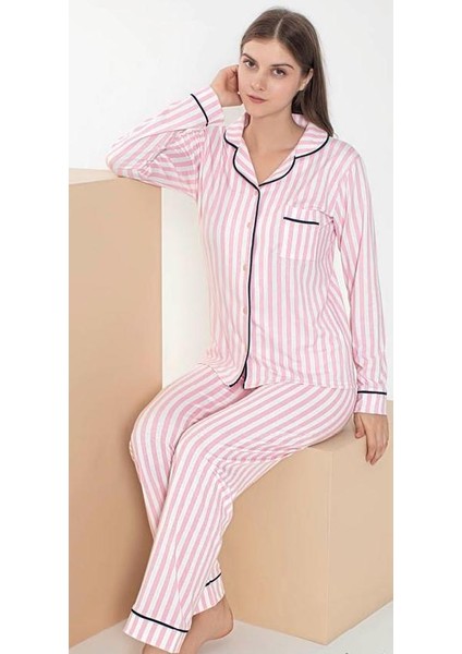 Pembe Çizgili Gömlek Model Kadın Pijama Takımı