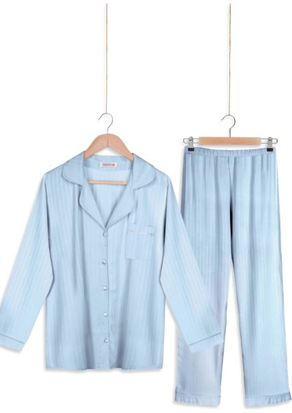 Mavi Çizgili Gömlek Model Kadın Pijama Takımı