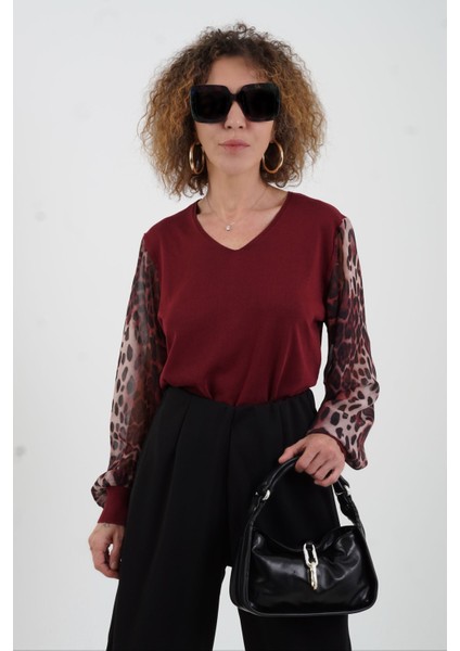 Bordo Kolu Leopar Şifon Triko