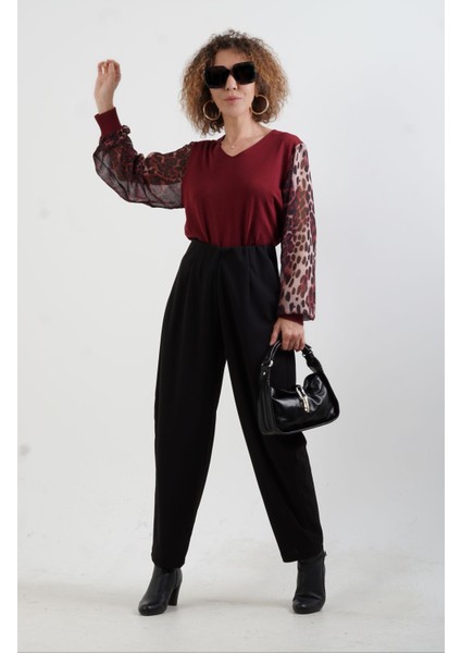 Bordo Kolu Leopar Şifon Triko fiyatları