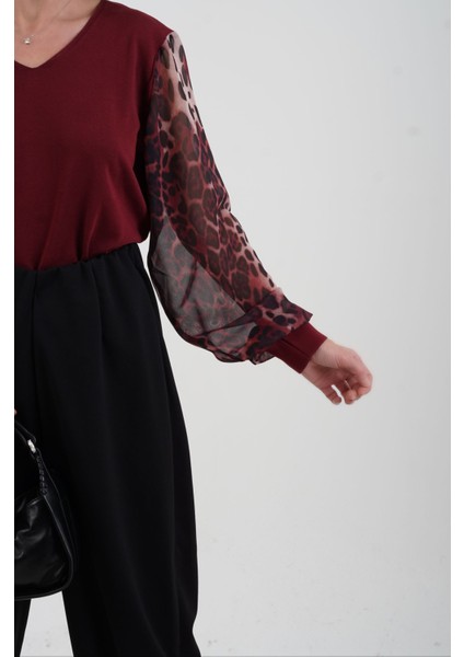 Bordo Kolu Leopar Şifon Triko modelleri