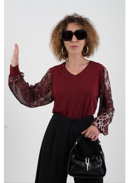 Bordo Kolu Leopar Şifon Triko fırsatları