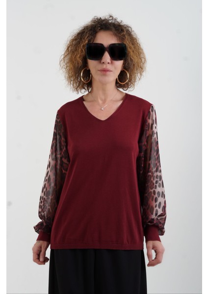Bordo Kolu Leopar Şifon Triko indirimleri