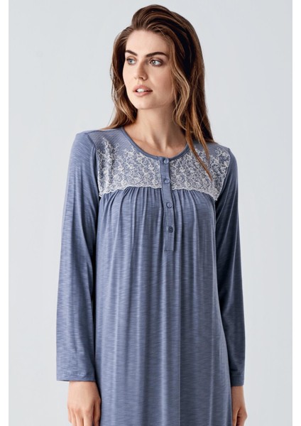 Uzun Kollu Dantelli Düğmeli Esnek Viskoz Gecelik 21108 fiyatları