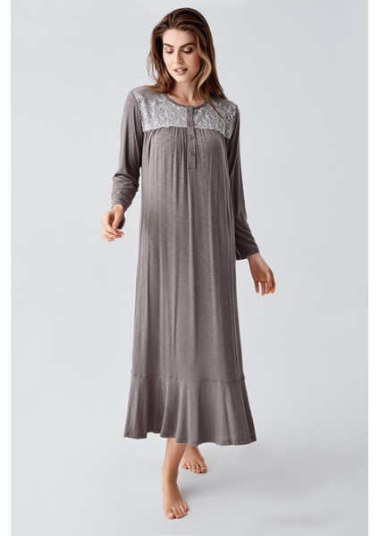 Uzun Kollu Dantelli Düğmeli Esnek Viskoz Gecelik 21108