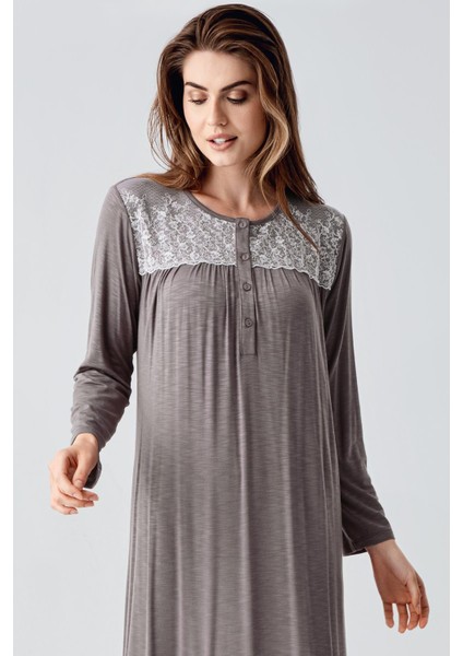 Uzun Kollu Dantelli Düğmeli Esnek Viskoz Gecelik 21108 fiyatları