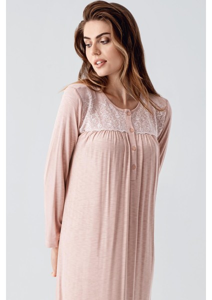 Uzun Kollu Dantelli Düğmeli Esnek Viskoz Gecelik 21108 fiyatları