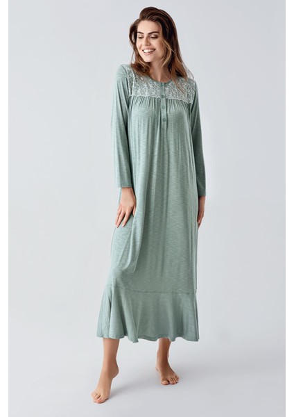 Uzun Kollu Dantelli Düğmeli Esnek Viskoz Gecelik 21108