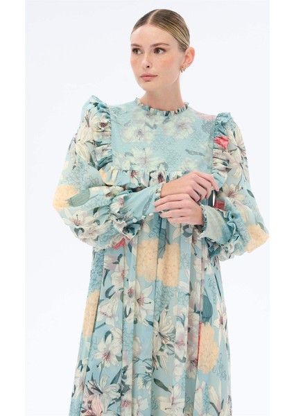 Puantiye Dantelli Elbise Mint