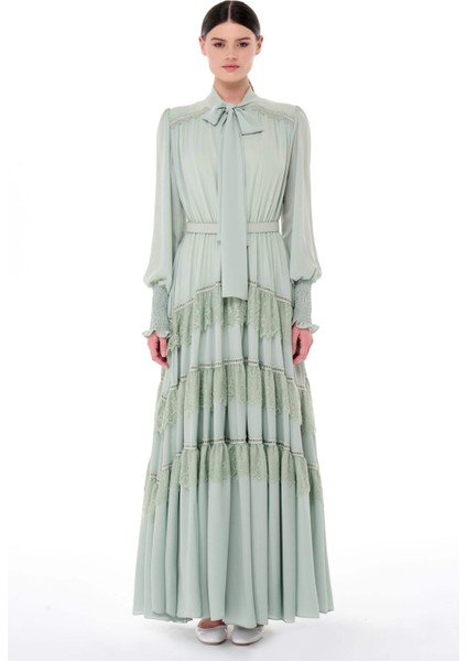 Eteği Kat Kat Büzgülü Uzun Elbise Mint