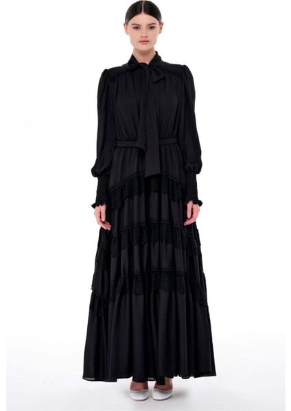 Eteği Kat Kat Büzgülü Uzun Elbise Siyah