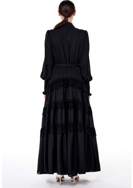 Eteği Kat Kat Büzgülü Uzun Elbise Siyah modelleri