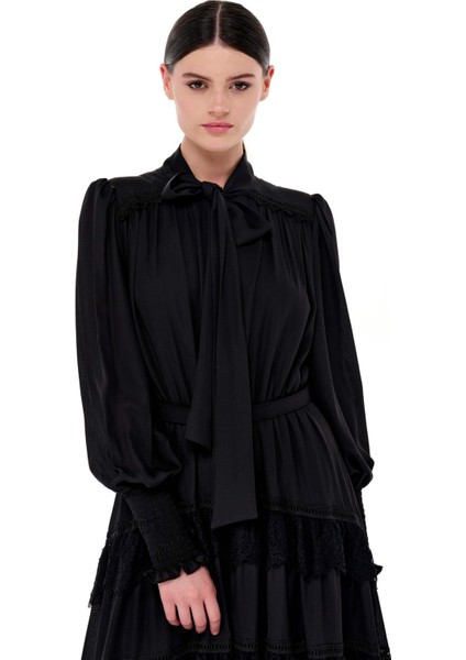 Eteği Kat Kat Büzgülü Uzun Elbise Siyah fırsatları