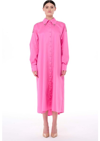 Taş Işlemeli Poplin Elbise Pembe